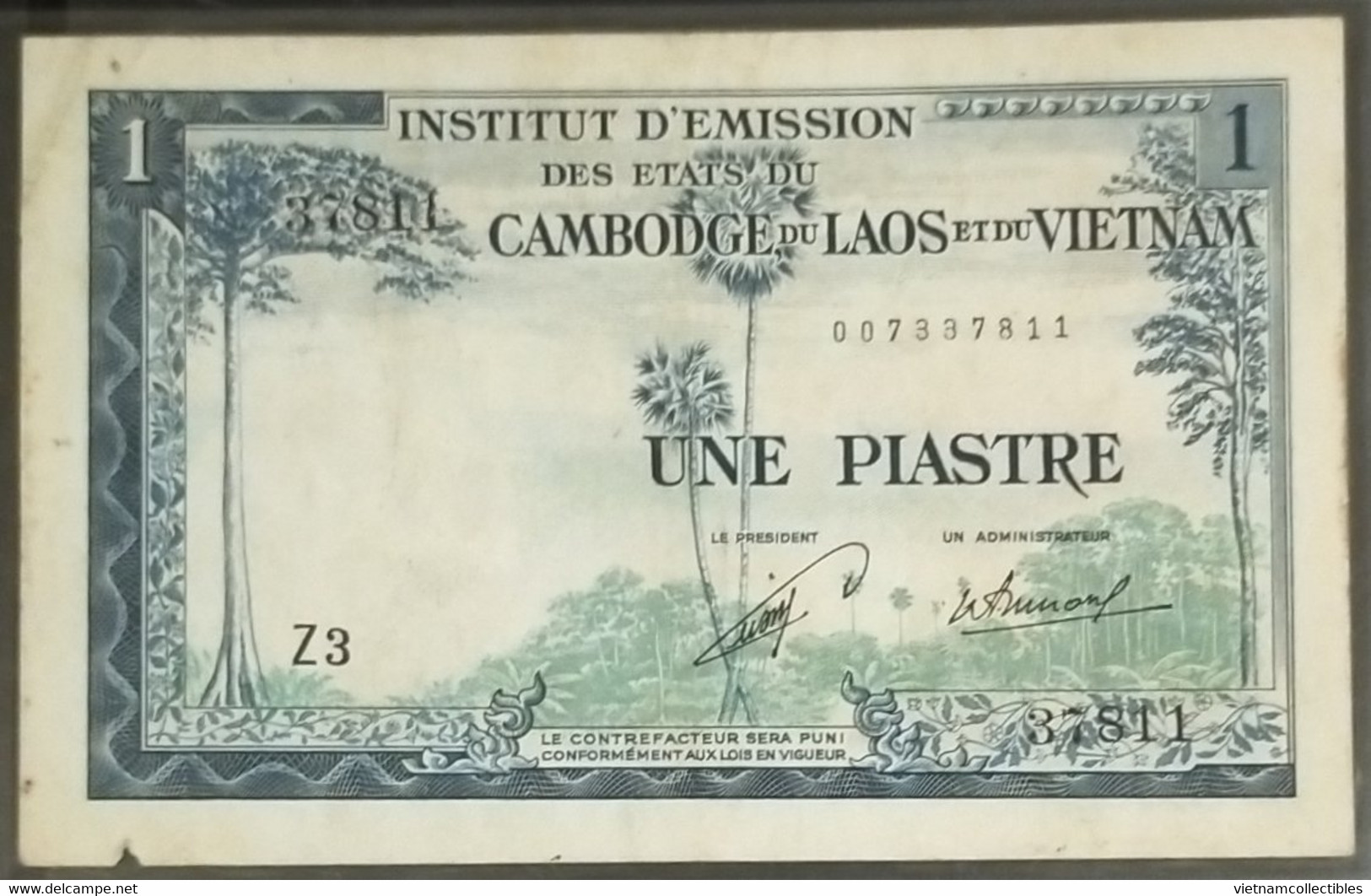 French Indochina Indo China Indochine Laos Vietnam Cambodia 1 Piastre VF++ Banknote Note 1954 - Pick # 100 / 02 Photo - Indochine