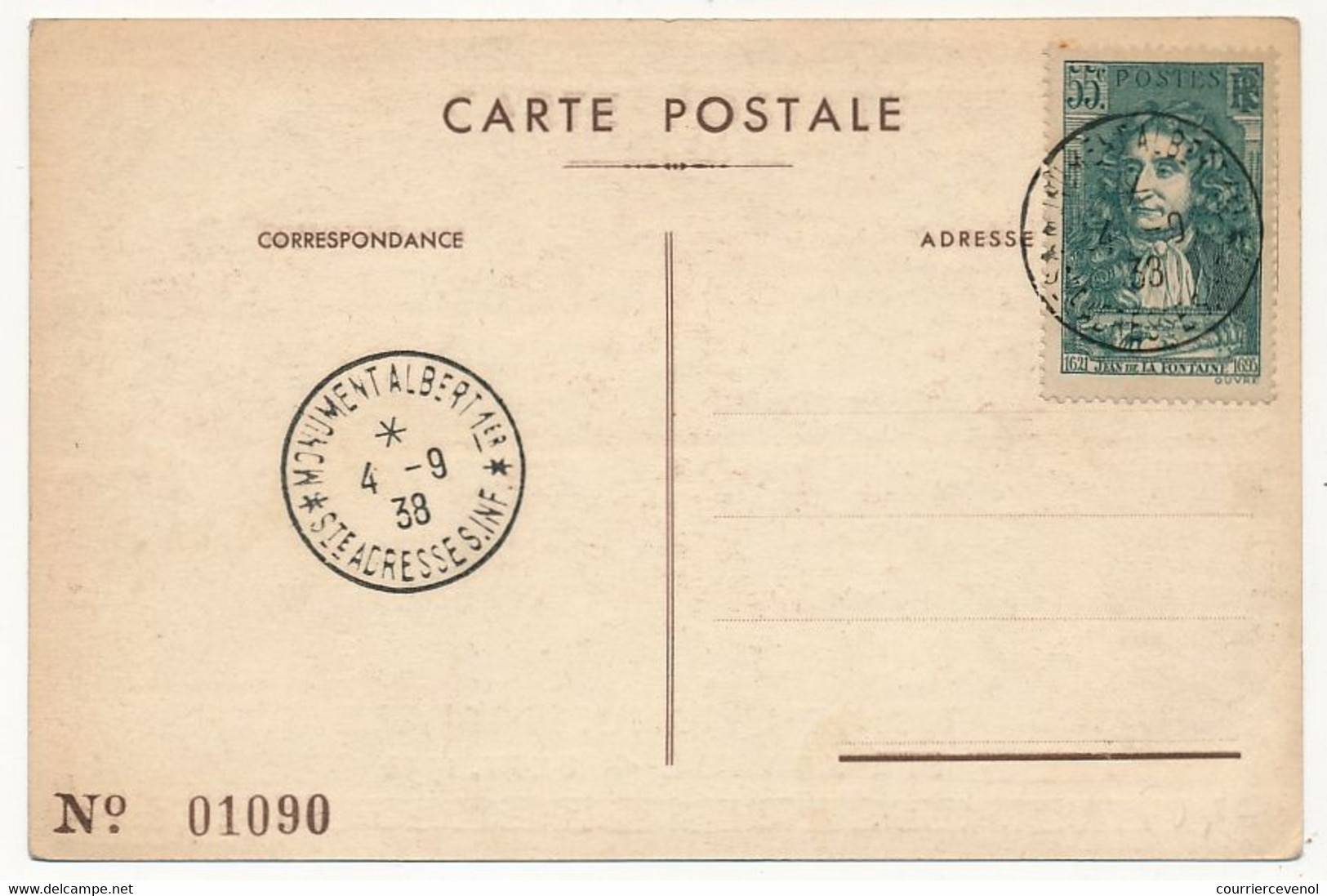 FRANCE - Oblitération "Monument Albert Ier - Ste Adresse S.Inf" 4/9/1938 Sur Carte Commémorative - Aushilfsstempel