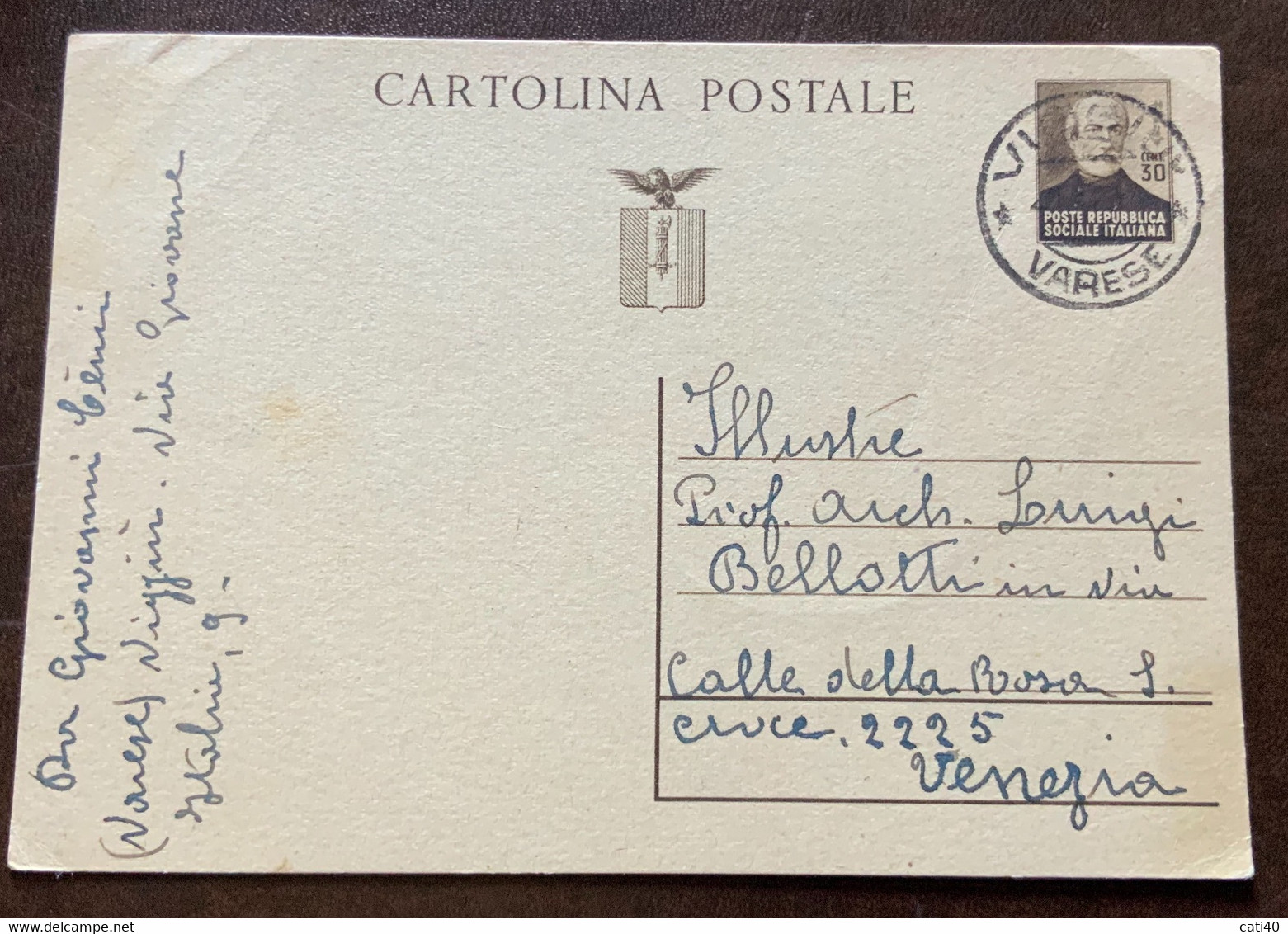 CARTOLINA POSTALE MAZZINI 30 C. Senza Aggiunta Da VIGGIU' * VARESE * 20/8/44 PER VENEZIA - Ganzsachen