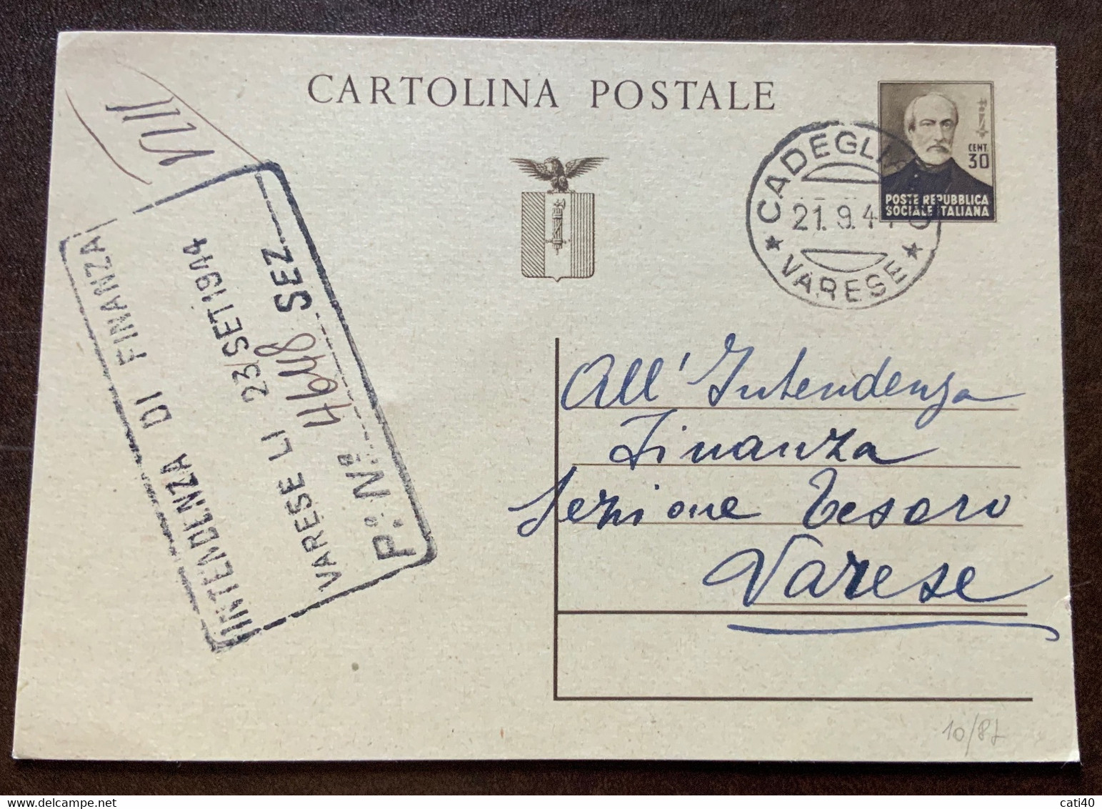 CARTOLINA POSTALE MAZZINI 30 C. Senza Aggiunta Da CADEGLIANO * VARESE * 21/9/44 PER VARESE - Entiers Postaux