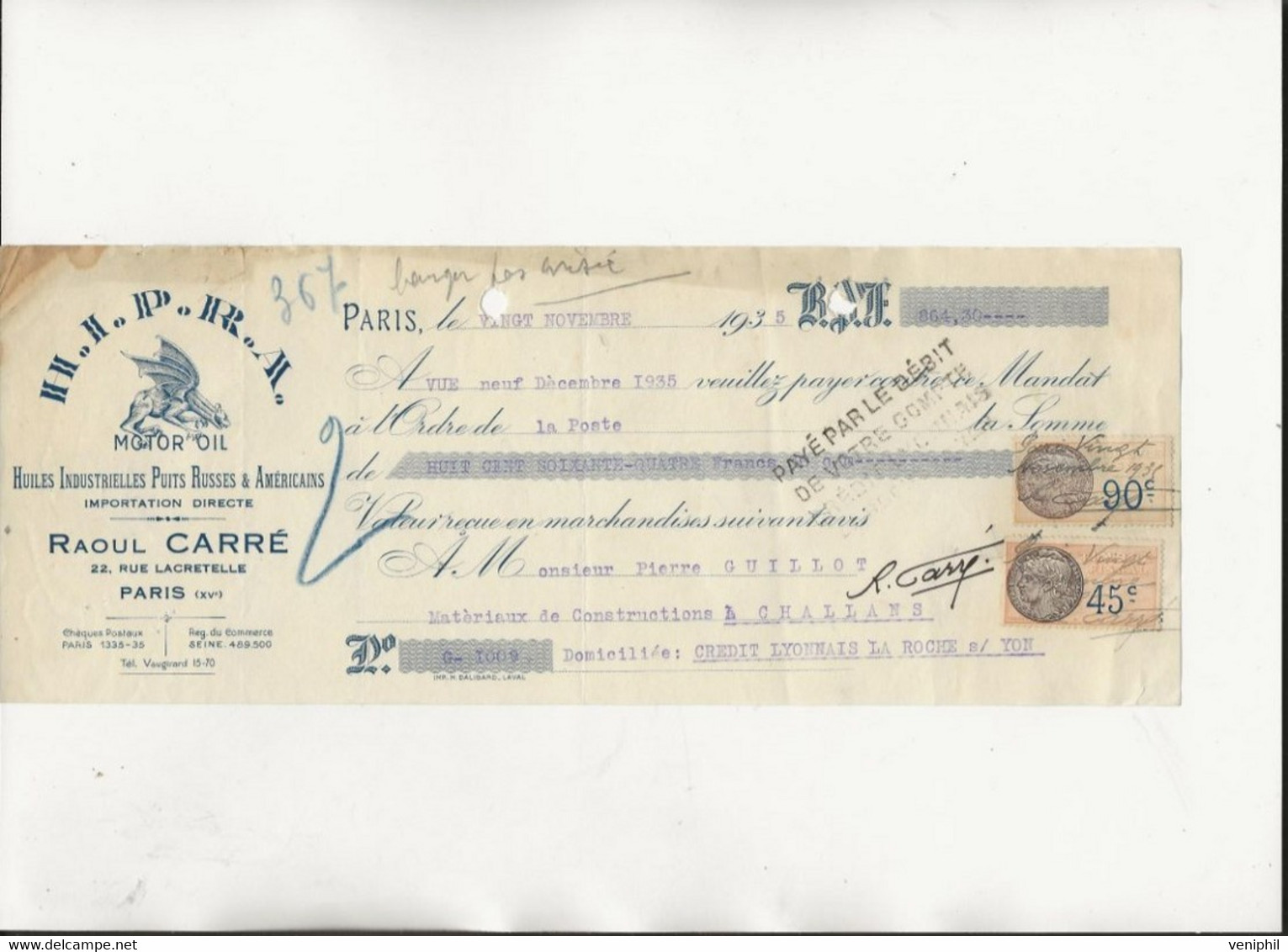 MOTOR OIL -HUILES IDUSTRIELLES PUITS RUSSES ET AMERICAINS -PARIS XV -ANNEE 1935 - Bills Of Exchange