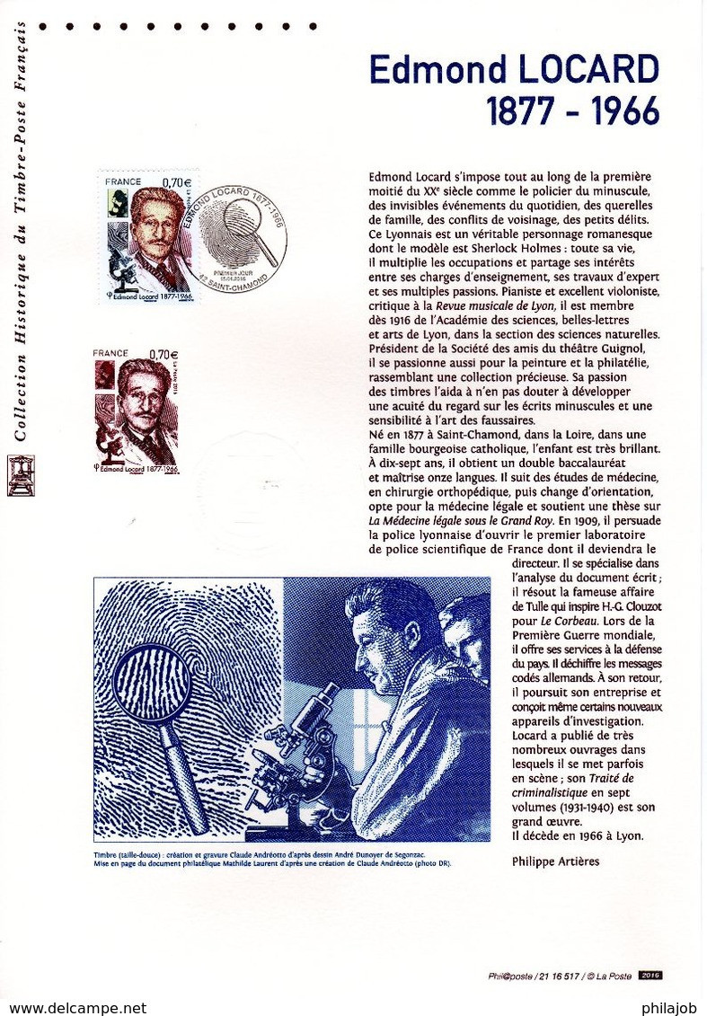 2016 " EDMOND LOCARD / POLICE SCIENTIFIQUE " Sur Document Philatélique Officiel.  N° YT 5043. Parfait état DPO à Saisir - Polizia – Gendarmeria