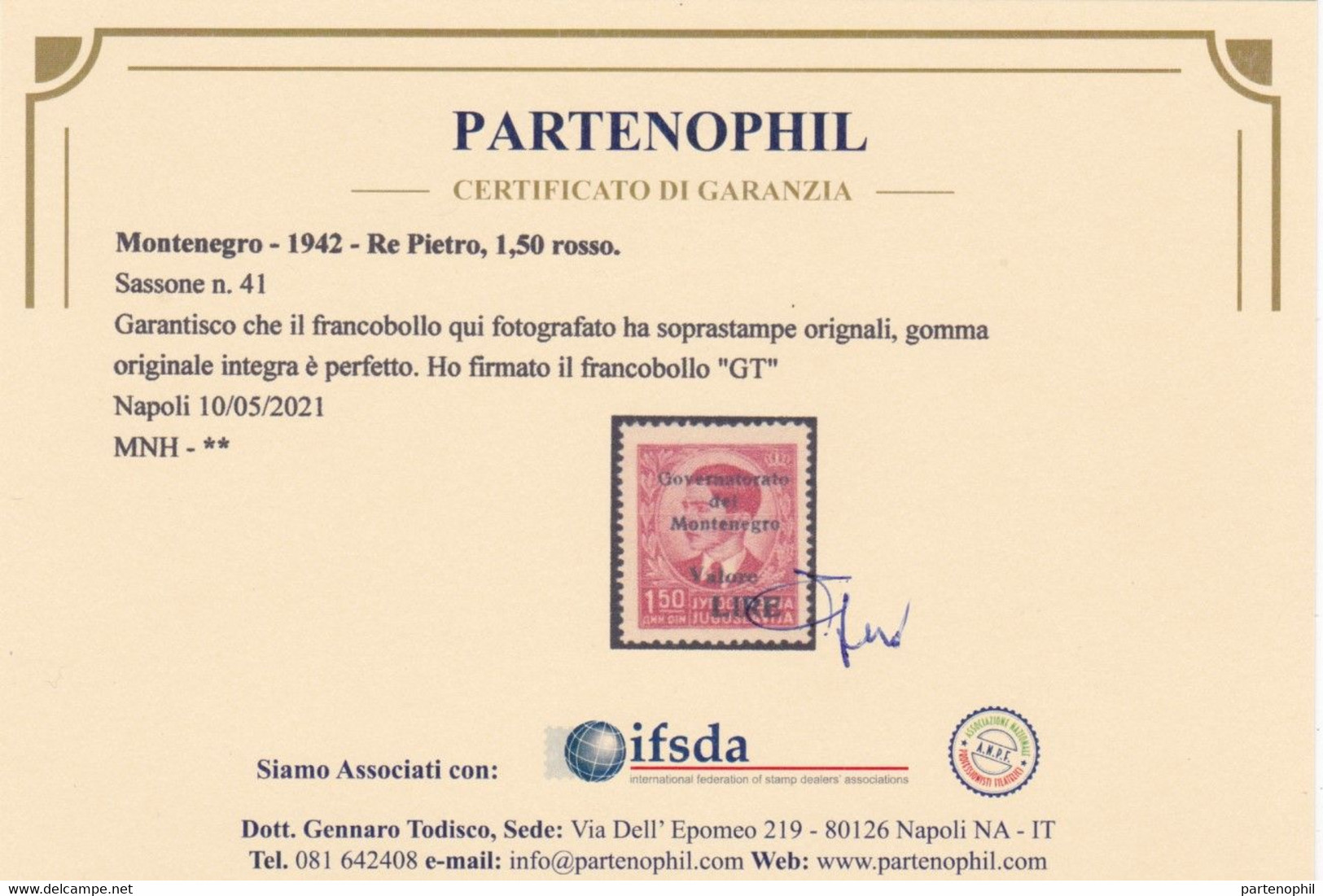 Montenegro - 317 ** 1942 – F.lli Di Jugoslavia Soprastampati N. 40/48. Cert. Julij ( 1968 ), Todisco. Cat. € 1250,00. SP - Montenegro