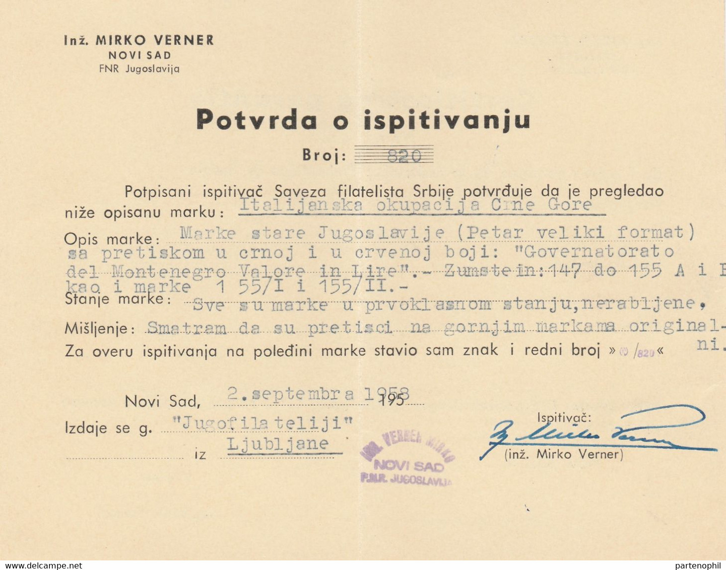 Montenegro - 317 ** 1942 – F.lli Di Jugoslavia Soprastampati N. 40/48. Cert. Julij ( 1968 ), Todisco. Cat. € 1250,00. SP - Montenegro