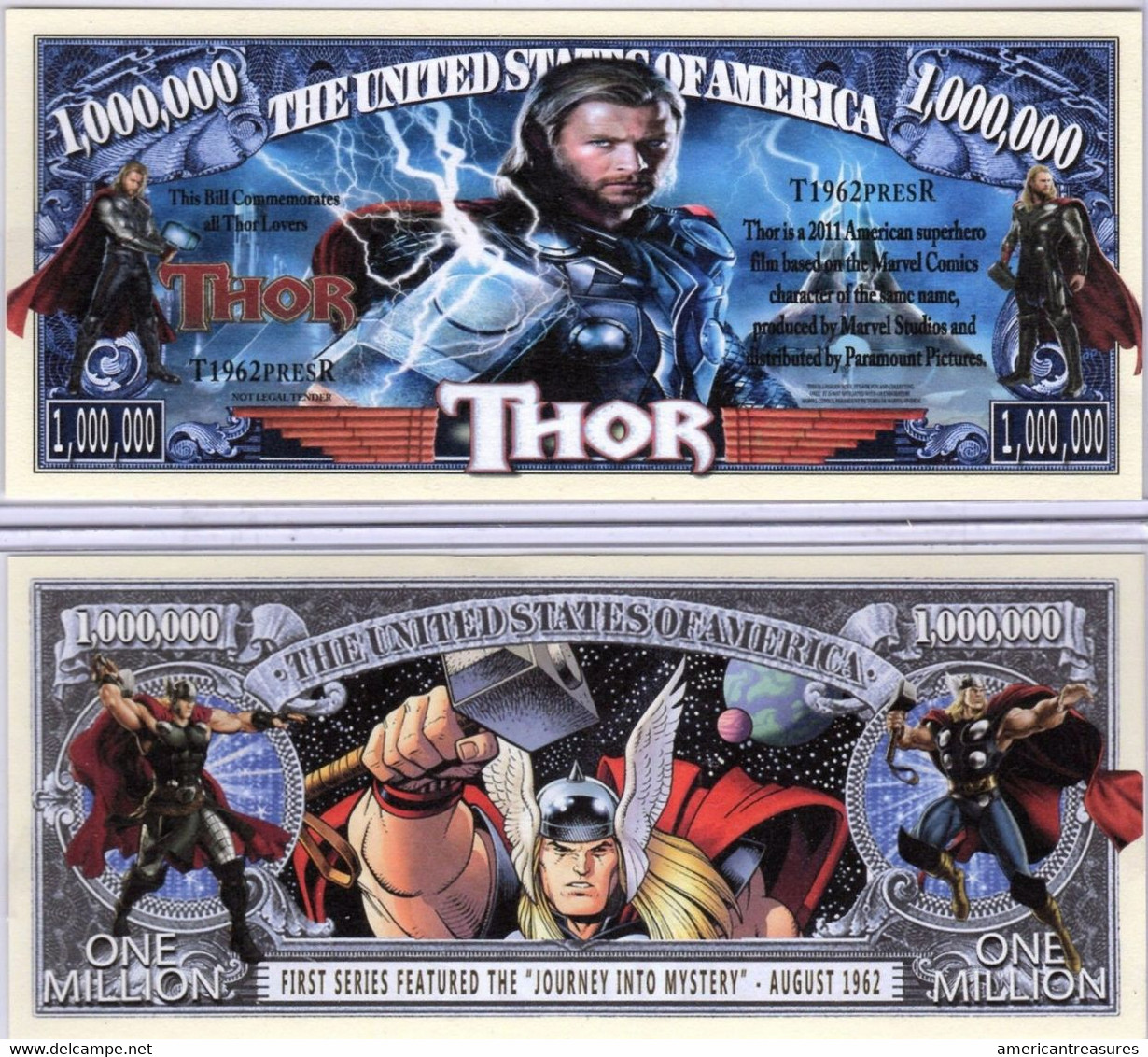 USA 1 Million Dollar Novelty Banknote 'Thor' (Marvel Movie Series) - NEW - UNC & CRISP - Altri – America