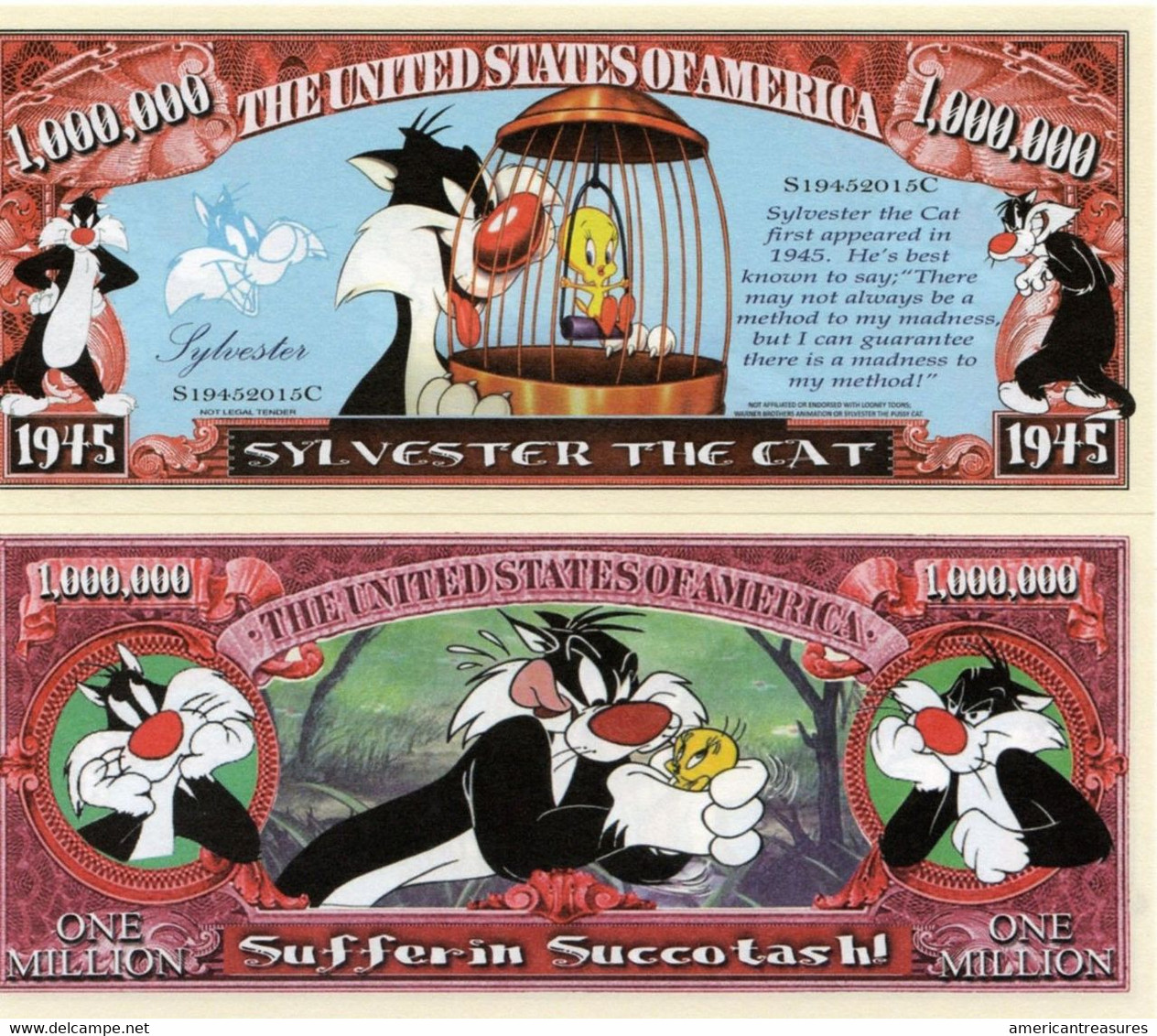 USA 1 Million Dollar Novelty Banknote Tweety & Sylvester (Warner Bros Looney Tunes) - UNC & CRISP - Altri – America