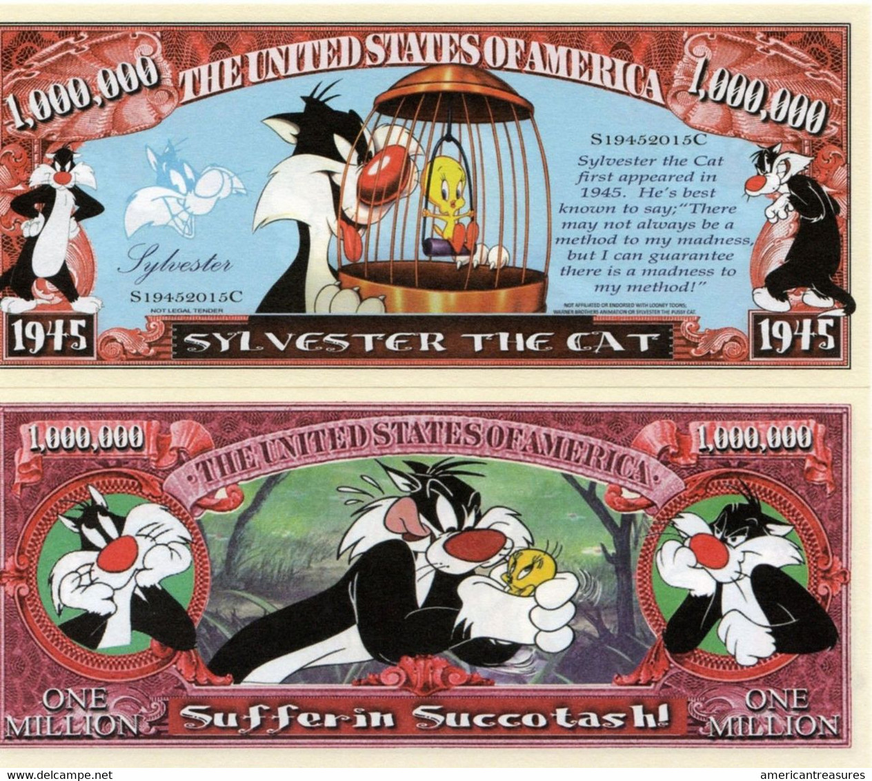 USA 1 Million Dollar Novelty Banknote Tweety & Sylvester (Warner Bros Looney Tunes) - UNC & CRISP - Other - America