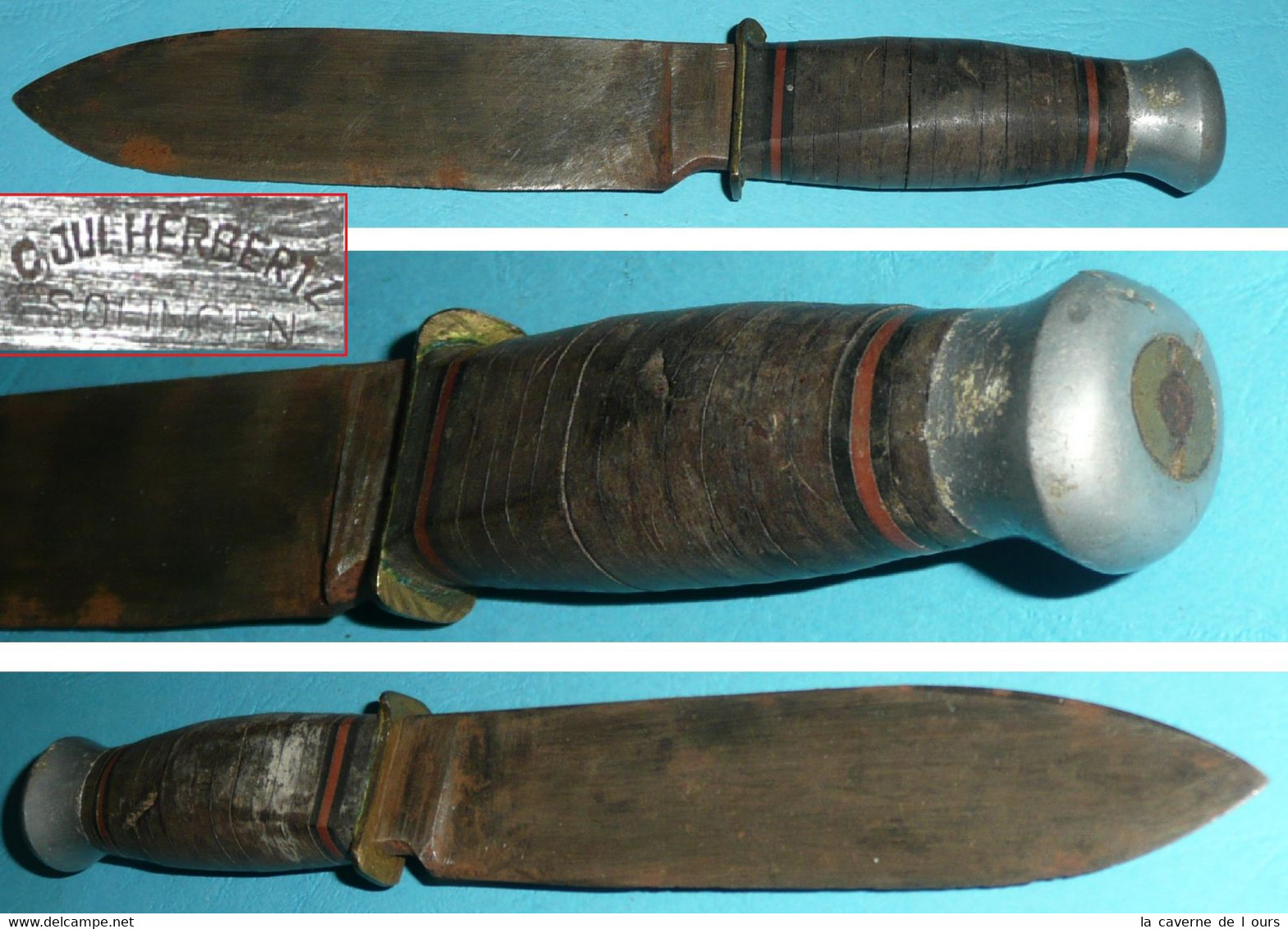 Rare Couteau Scout Chasse Militaria, Solingen, Manche Rondelles Cuir, Jul Herbertz - Ancient Tools