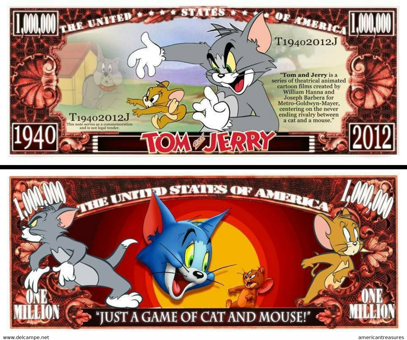 USA 1 Million Dollar Novelty Banknote Tom & Jerry (Warner Bros) - NEW - UNC & CRISP - Other - America