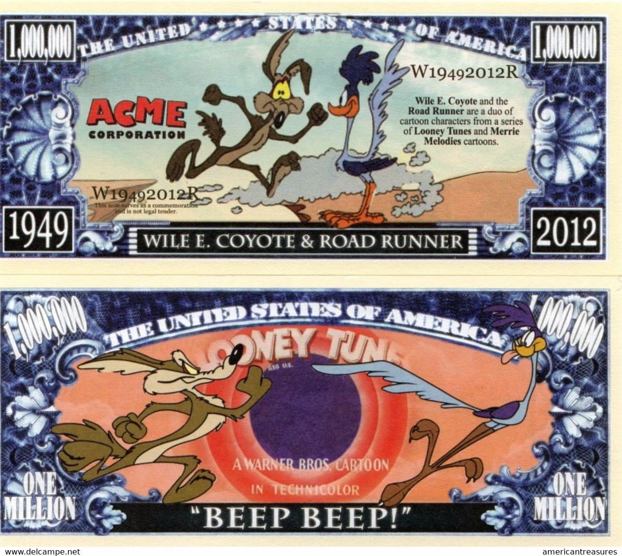 USA 1 Million Dollar Novelty Banknote Wile E. Coyote & Road Runner (Warner) UNC & CRISP - Sonstige – Amerika