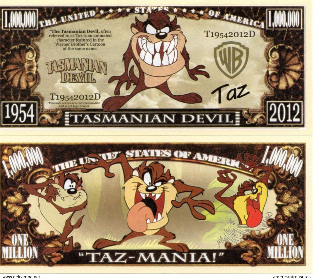 USA 1 Million Dollar Novelty Banknote Tasmanian Devil (Warner Bros) - NEW - UNC & CRIS - Otros – América