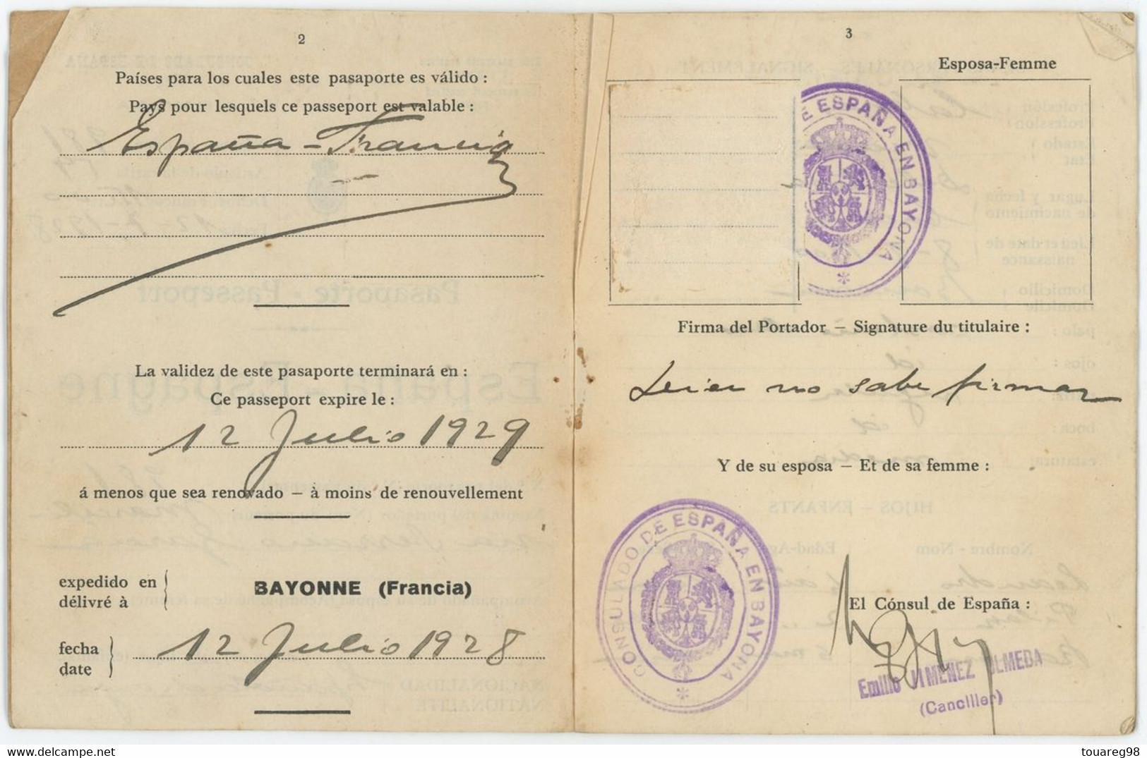 Passeport Espagnol Valable Pour La France. España. Espagne. Pasaporte. Délivré En 1929. Bayonne. - Historische Dokumente