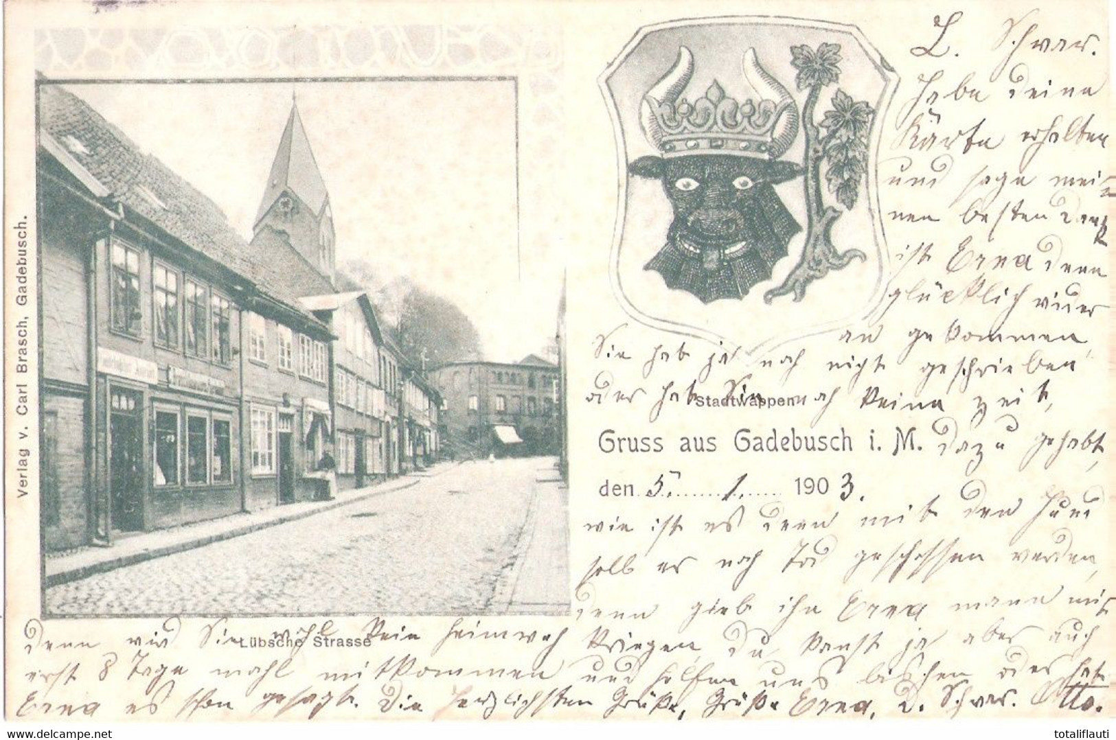 GADEBUSCH Er Anzeiger Mecklenburg Passepartoutkarte Lübsche Straße Wappen C Brasch Buch + Papierwaren Gelaufen 6.1.1903 - Gadebusch