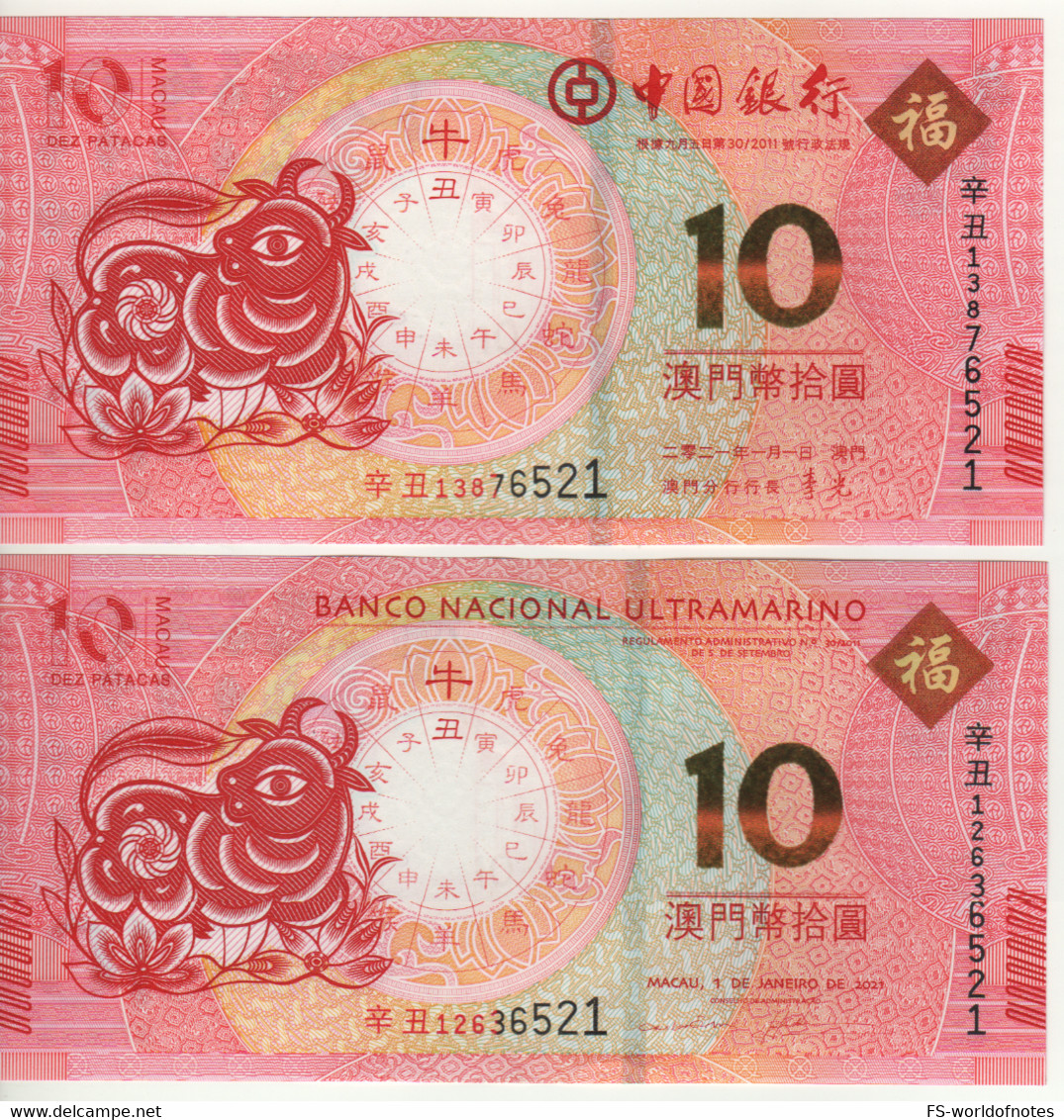 MACAO  New  Commemorative Set 2 X 10 Patacas  Year Of The  Ox     Issue   1.1.2021 - Macao
