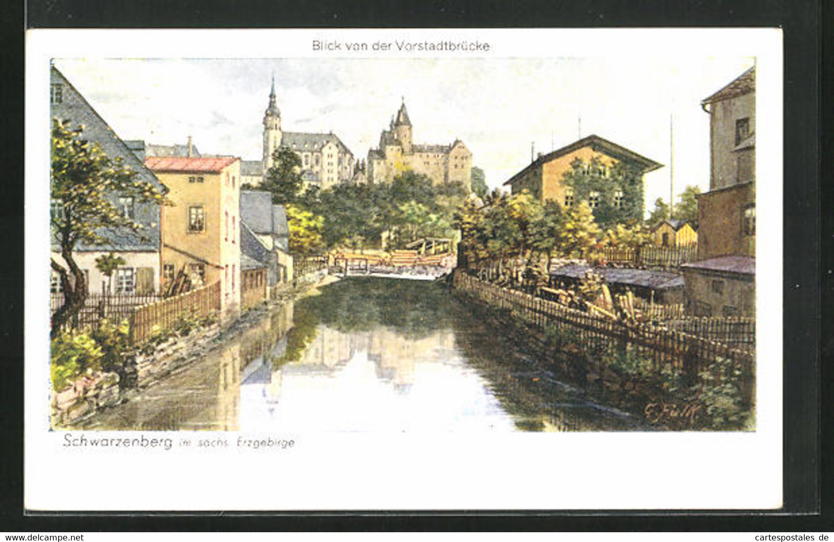 Künstler-AK Schwarzenberg I. Erzgeb., Blick Von Der Vorstadtbrücke - Schwarzenberg (Erzgeb.)