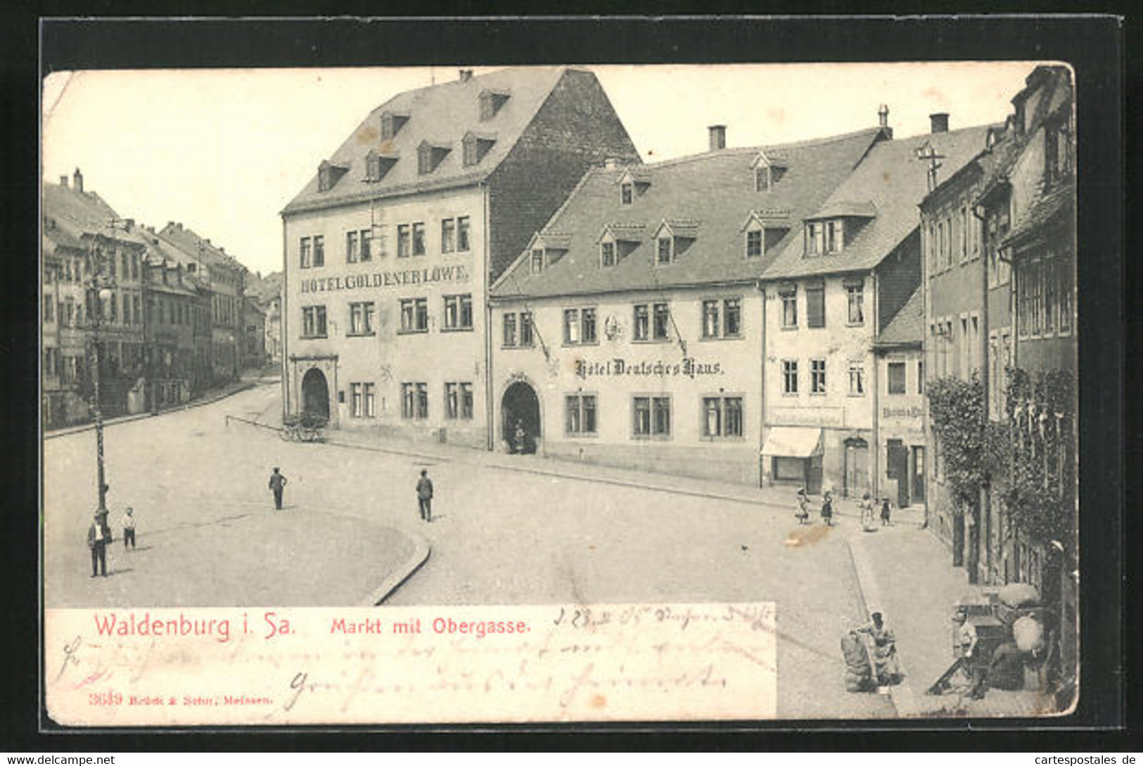 AK Waldenburg I.Sa., Markt Mit Der Obergasse, Hotel Goldener Löwe - Waldenburg (Sachsen)