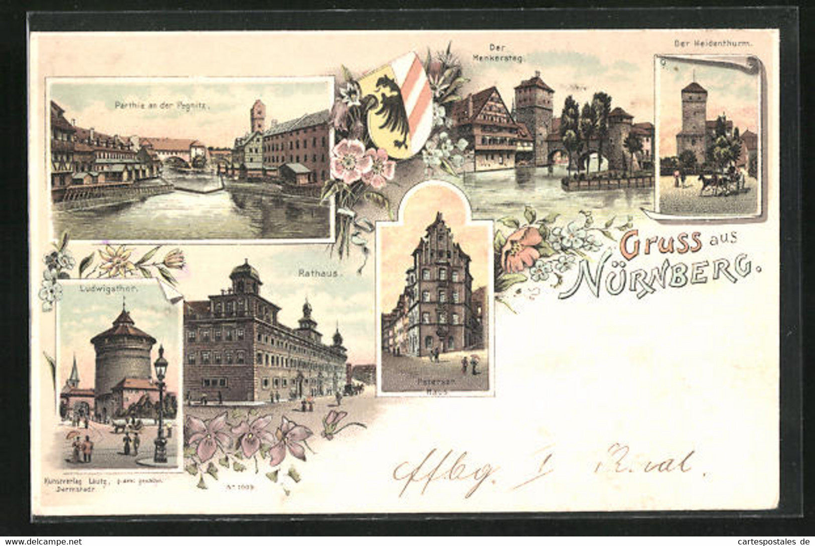 Lithographie Nürnberg, Pegnitz-Partie, Rathaus, Henkersteg - Pegnitz