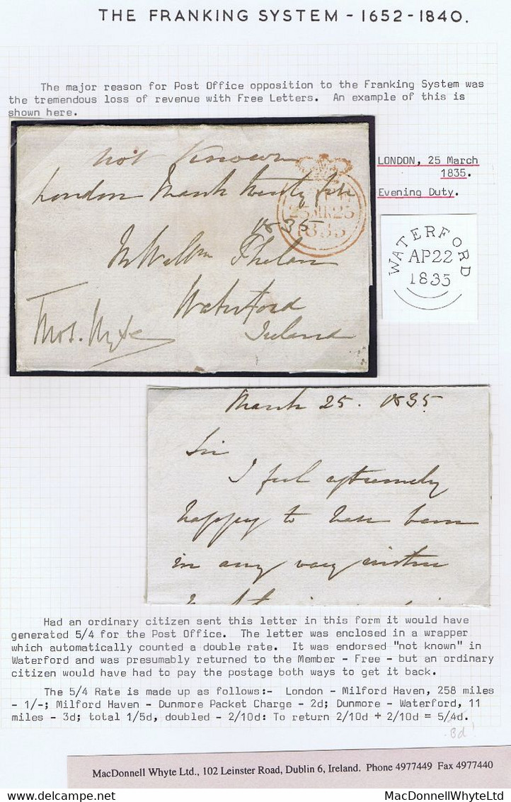 Ireland Waterford Free Maritime 1835 Letter London To Waterford Via Milford Crowned FREE, Ms "Not Known" - Préphilatélie