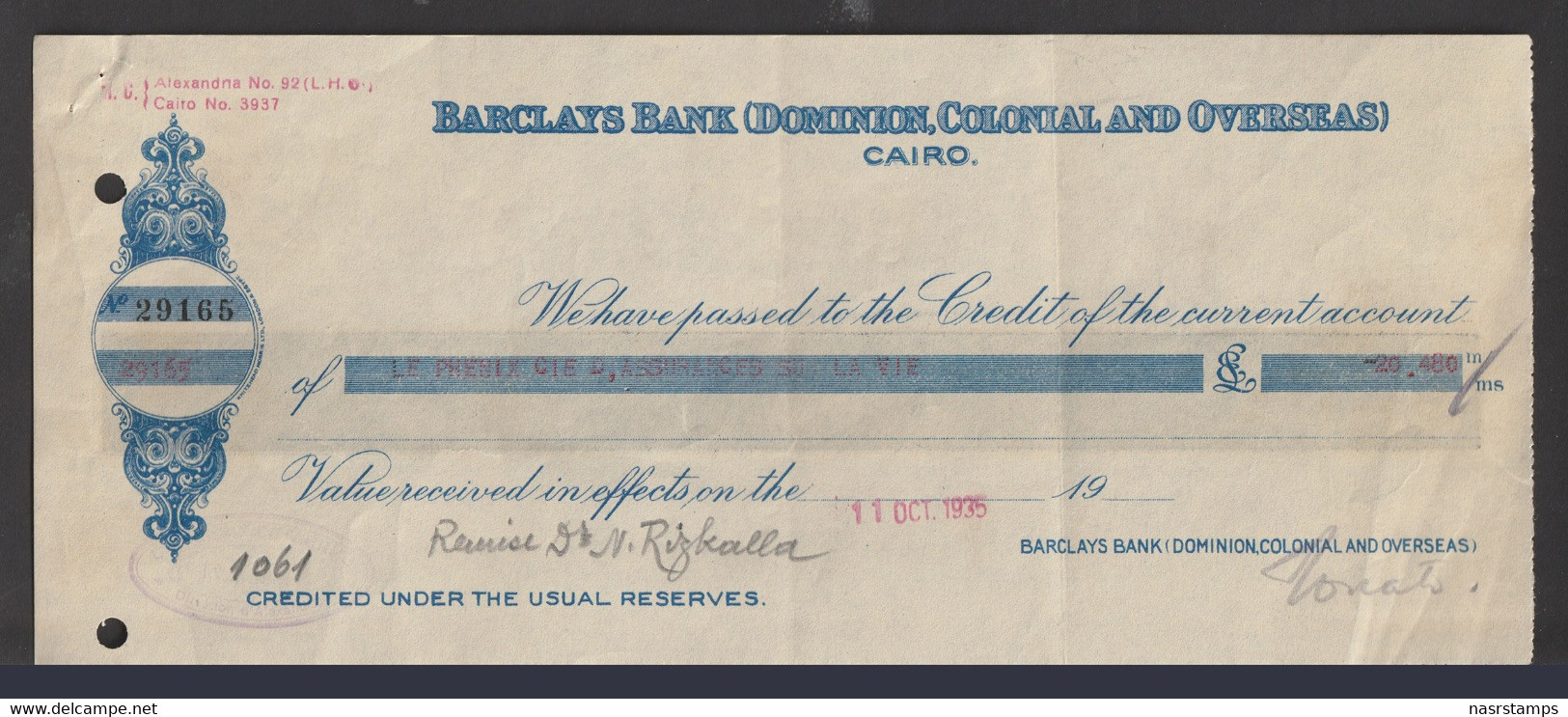 Egypt - 1935 - Vintage Check - Barclays Bank ( DOMINION, COLONIAL AND OVERSEAS - CAIRO ) - Brieven En Documenten