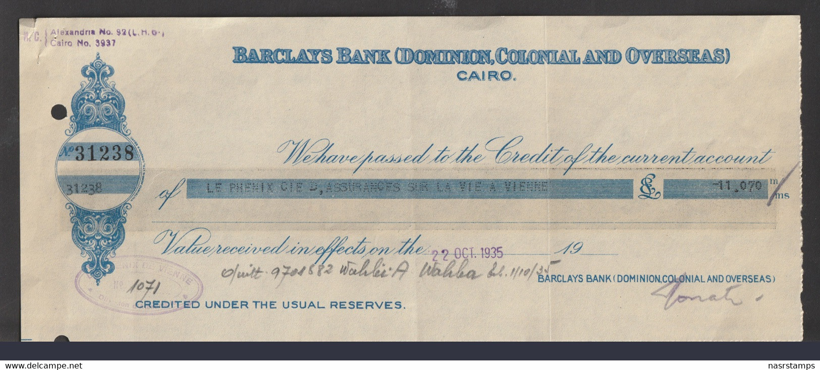 Egypt - 1935 - Vintage Check - Barclays Bank ( DOMINION, COLONIAL AND OVERSEAS - CAIRO ) - [ 5] Collector Series