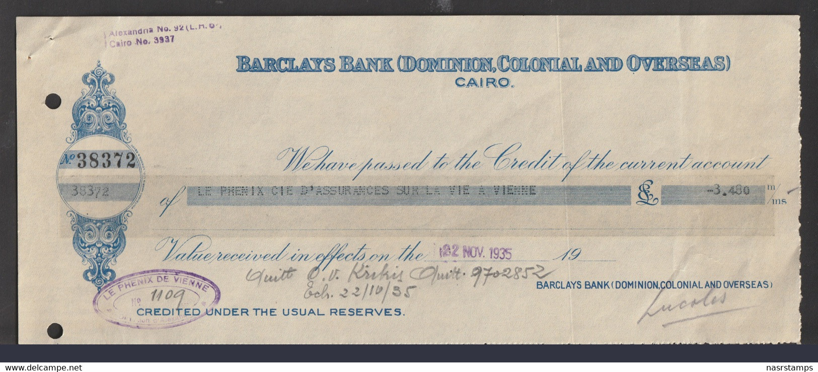 Egypt - 1935 - Vintage Check - Barclays Bank ( DOMINION, COLONIAL AND OVERSEAS - CAIRO ) - Séries Collector