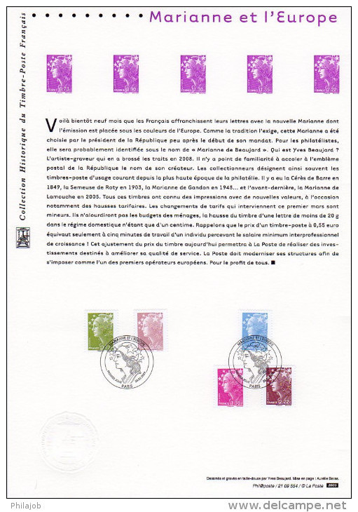 (Faciale = 6.50 €) " MARIANNE ( DE BEAUJARD ) ET L'EUROPE "  Sur Document Officiel De 2009. Parfait état ! DPO - 2008-2013 Marianne Of Beaujard