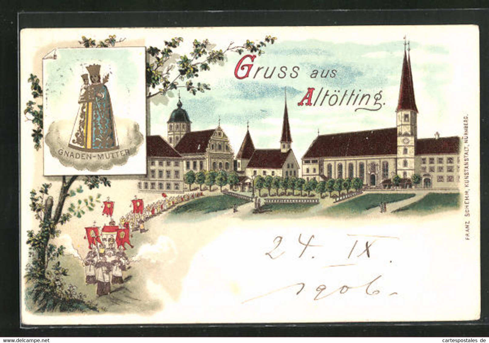 Lithographie Altötting, Marktplatz Mit Kirchen, Gnaden-Mutter - Altoetting