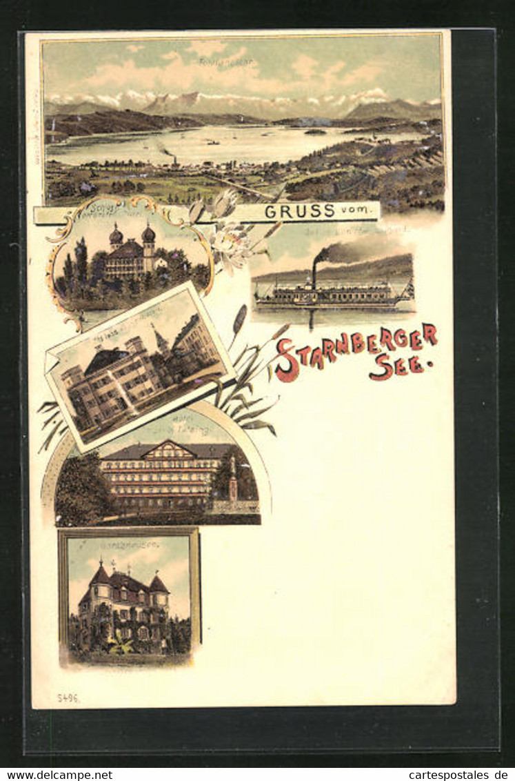 Lithographie Starnberg, Hotel In Tutzing, Schloss, Dampfer - Tutzing