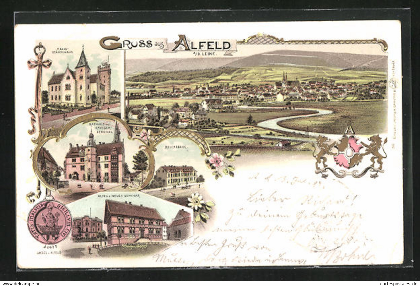 Lithographie Alfeld A. D. Leine, Reichsbank, Rathaus Mit Krieger-Denkmal, Kreis-Ständehaus - Alfeld