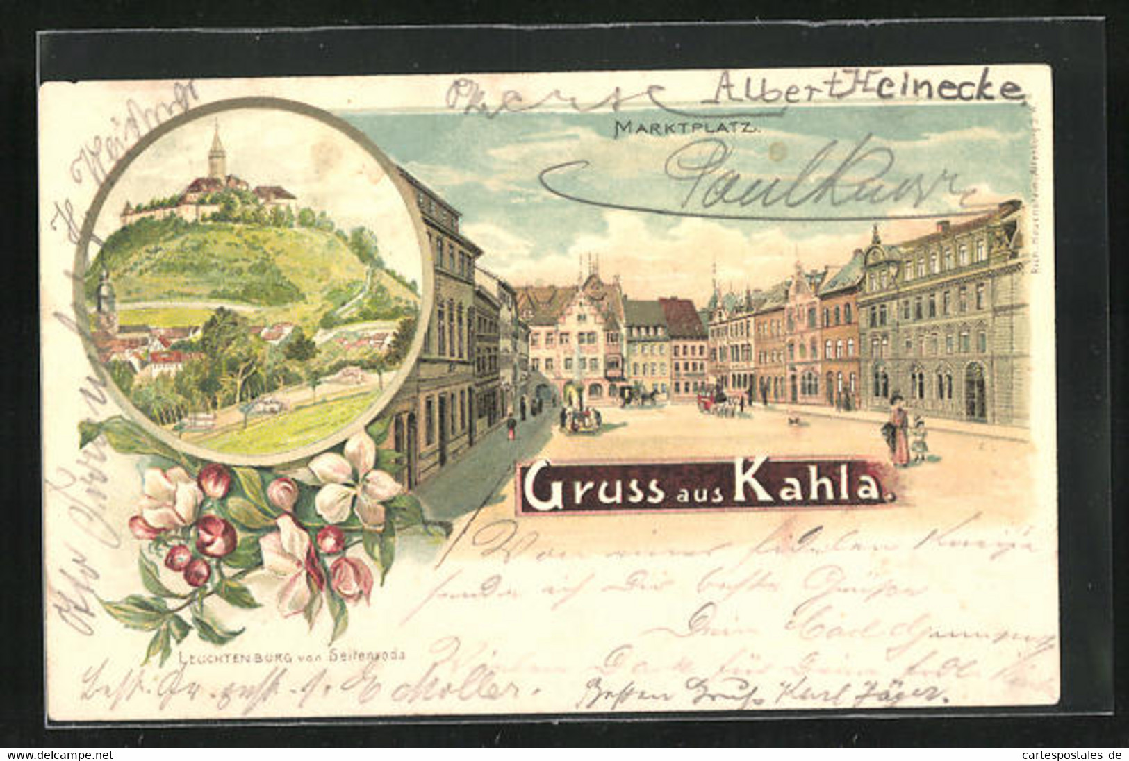 Lithographie Kahla, Marktplatz, Leuchtenburg Von Seitenroda - Kahla