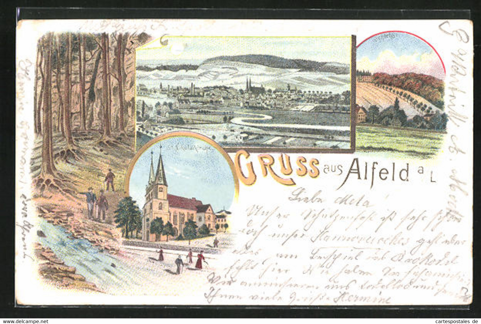 Lithographie Alfeld A / L., Teilansicht Bei Mondschein, St. Nikolaikirche, Schlehb - Alfeld