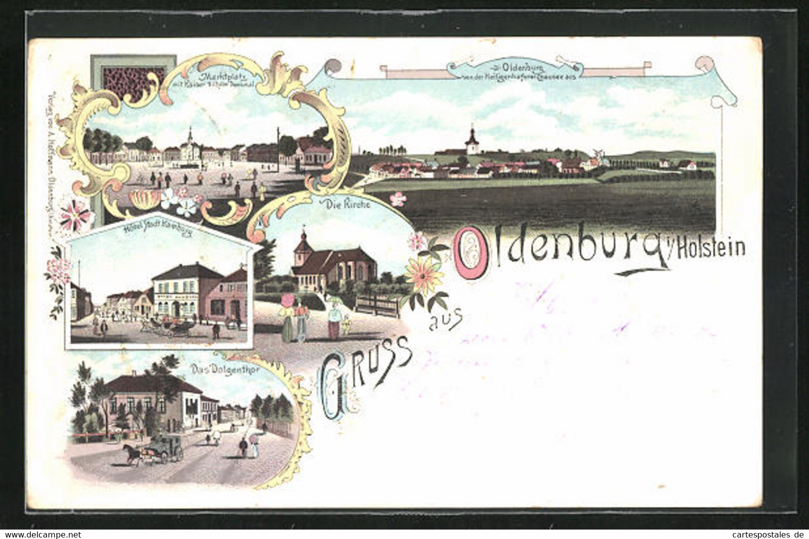 Lithographie Oldenburg I / Holstein, Hôtel Stadt Hamburg, Kirche, Dolgentor - Oldenburg (Holstein)