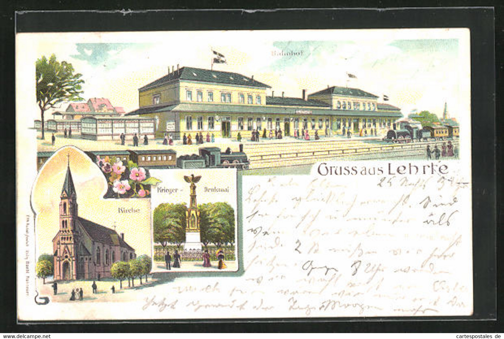 Lithographie Lehrte, Bahnhof Mit Einfahrender Dampflok, Kriegerdenkmal, Kirche Im Dämmerungslicht - Lehrte