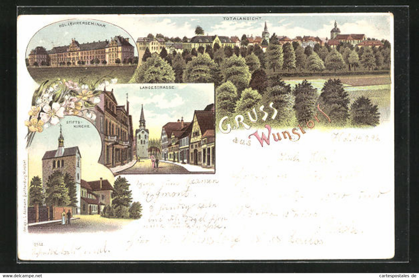 Lithographie Wunstorf, Langestrasse, Stiftskirche, Kgl. Lehrerseminar - Wunstorf