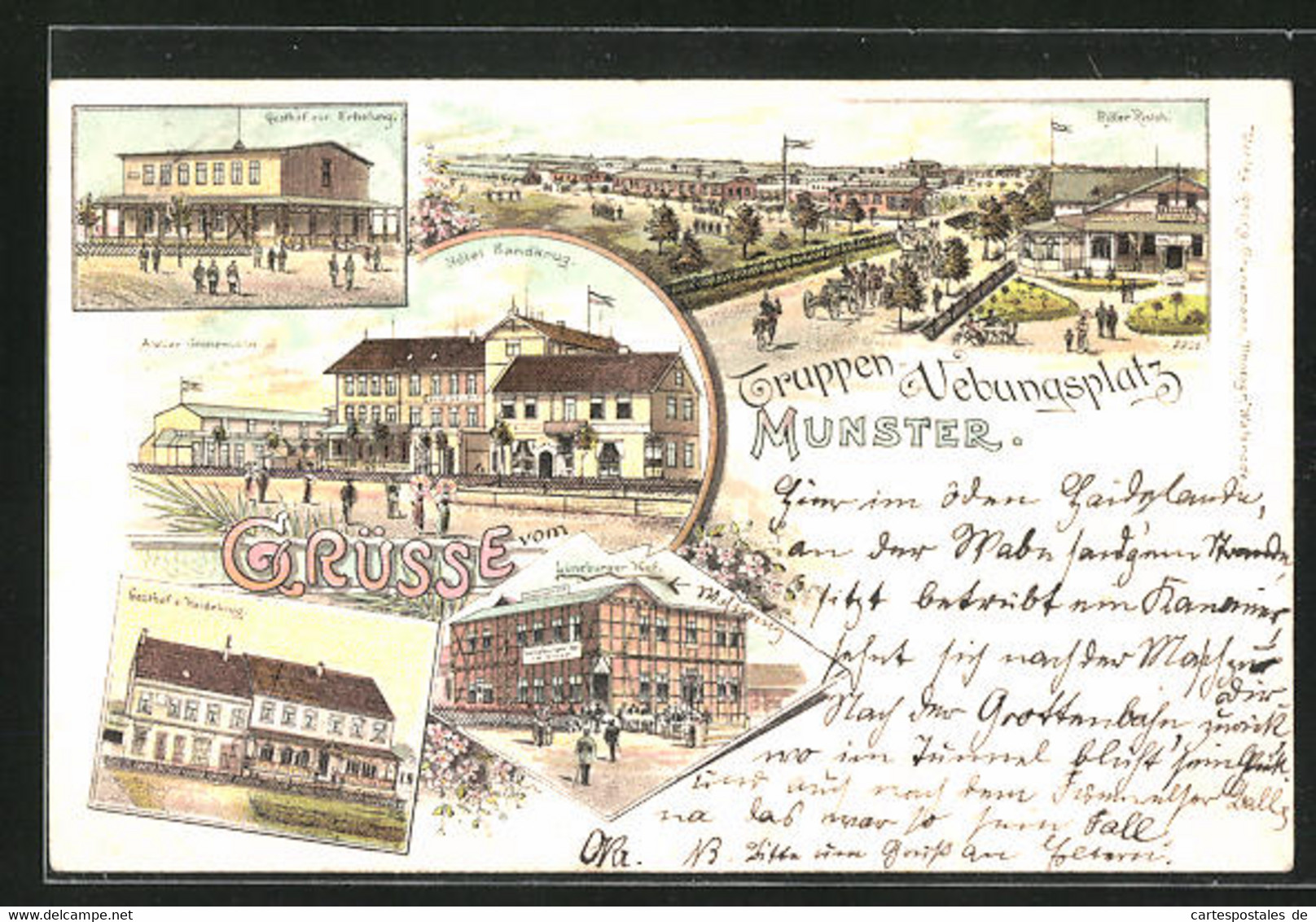 Lithographie Munster, Hotel Sandkrug, Gasthof Zur Erholung, Gasthof Zum Haidenkrug - Munster