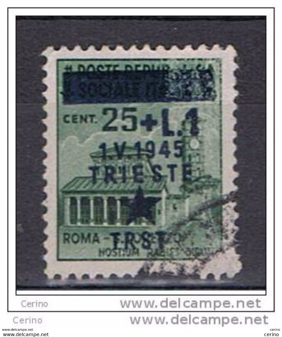 TRIESTE  OCCUPAZ. JUGOSLAVA:  1945  MONUM. DISTRUTTI  -  £.1/25 C. VERDE  US. - TASSELLO  EVANESCENTE  A  DX  - SASS. 2 - Joegoslavische Bez.: Trieste