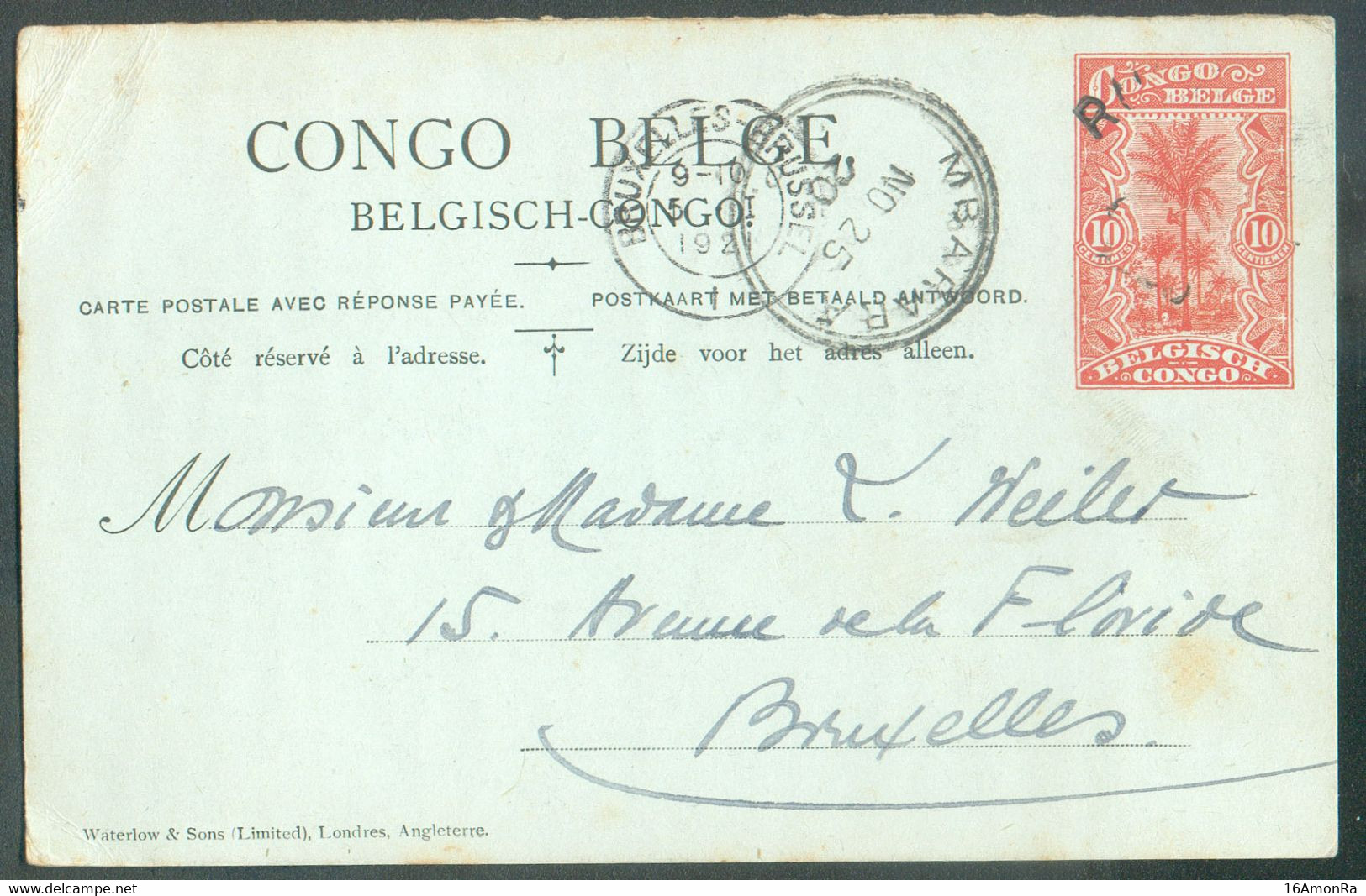 E.P. Carte 10c. Vermillon S/bleu Obl. Griffe RUTSUHURU (19/11 1920) + sc MBARARA 25-XI-1920 Vers Bruxelles (arrivée 5-1- - Storia Postale