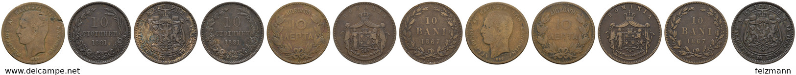 Carol I., 1866-1914, 10 Bani, 1867, 2 Stück, Dazu Je 2 X Griechenland 10 Lepta 1882 Und Bulgarien 10 Stotinki 1881, KM 4 - Romania