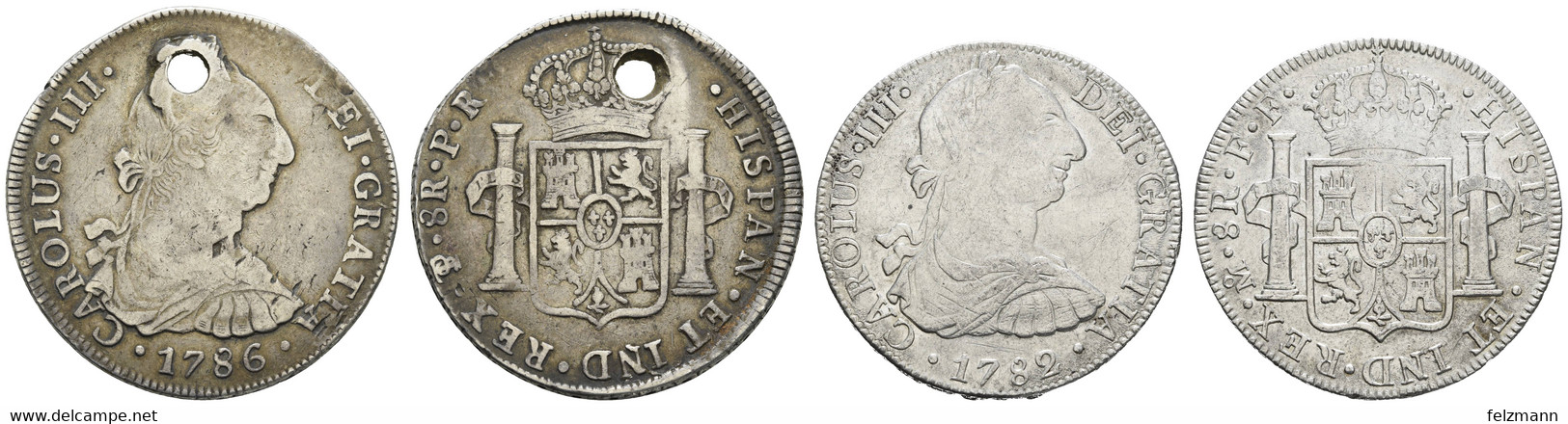 Carlos III., 1759-1788, 8 Reales, 1782, FF, Gereinigt, Dazu Bolivien 8 Reales 1786 PR, Oben Grösseres Loch, KM 106,55, S - Mexico