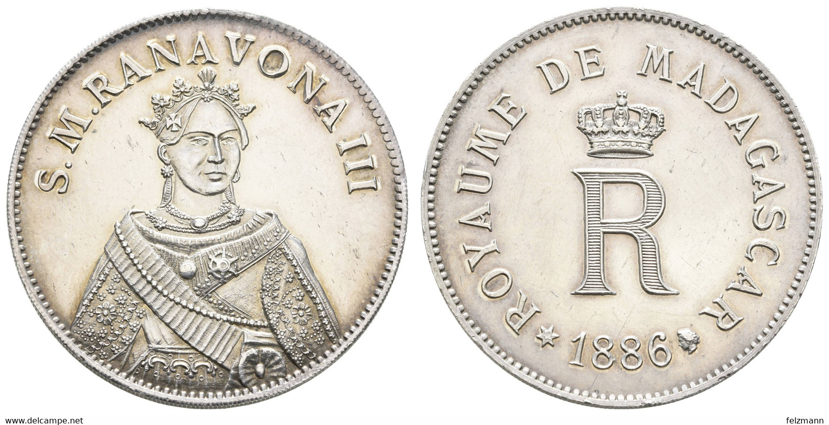 Ranavona (Ranavalona) III., 1883-1897, 5 Francs, 1886, Silber, Feine Kratzer, 26,10 G, Gadoury 24, Vz-st - Madagascar