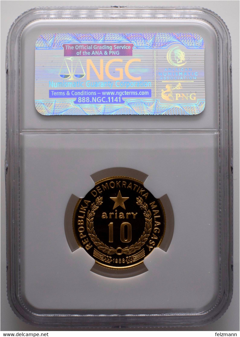 10 Ariary, 1988, Ibis, NGC PF 70 Ultra Cameo, K.-M. 16, PP - Madagascar