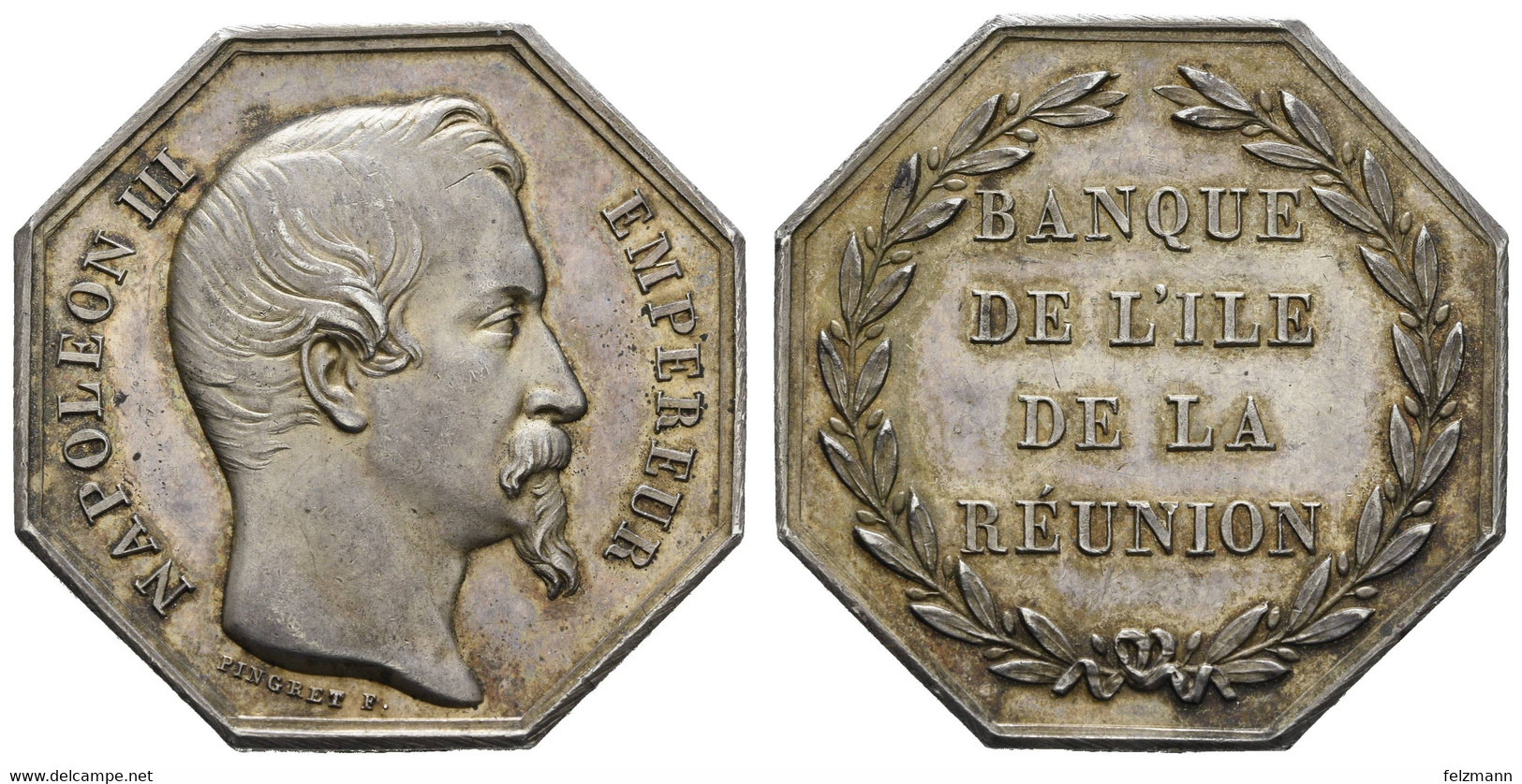 Napoleon III., 1852-1870, Jeton Banque De L'île De La Réunion, Oktagonal, Silber, Lec. 29, 15,16 G, Ss- Vz - Réunion