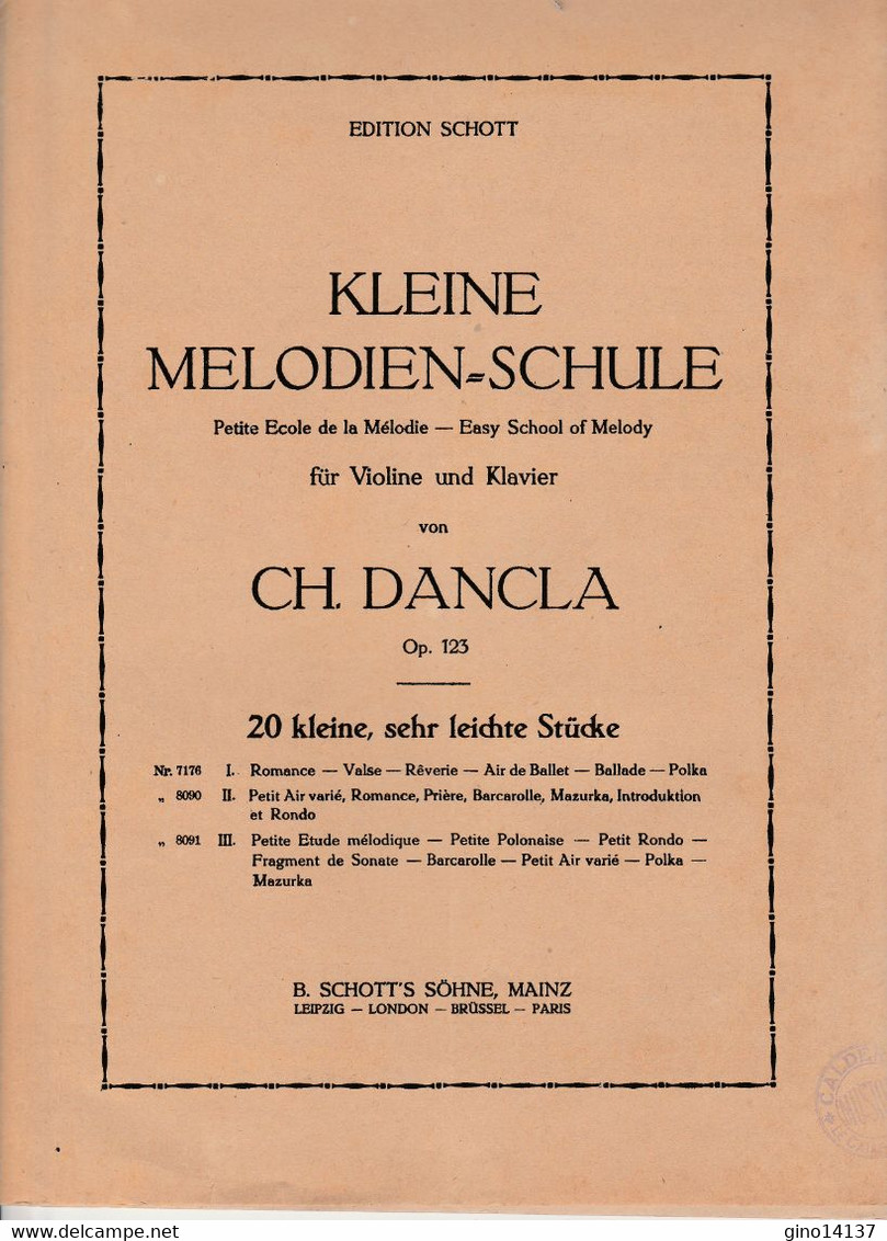 Spartito DANCLA - KLEINE MELODIEN SCHULE - OP.123 - Violino E Piano - SCHOTT ED. - Opéra