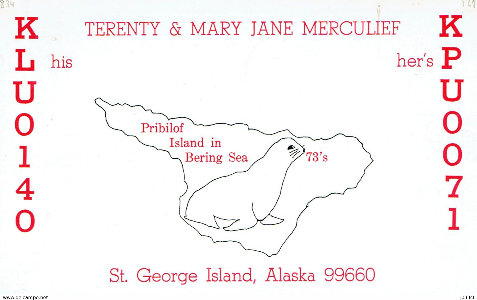 Sea Lion (otarie) On Old QSL From St. George Island (Pribilof Island In The Bering Sea), Alaska (KLU 0410), Jan 1968 - CB-Funk