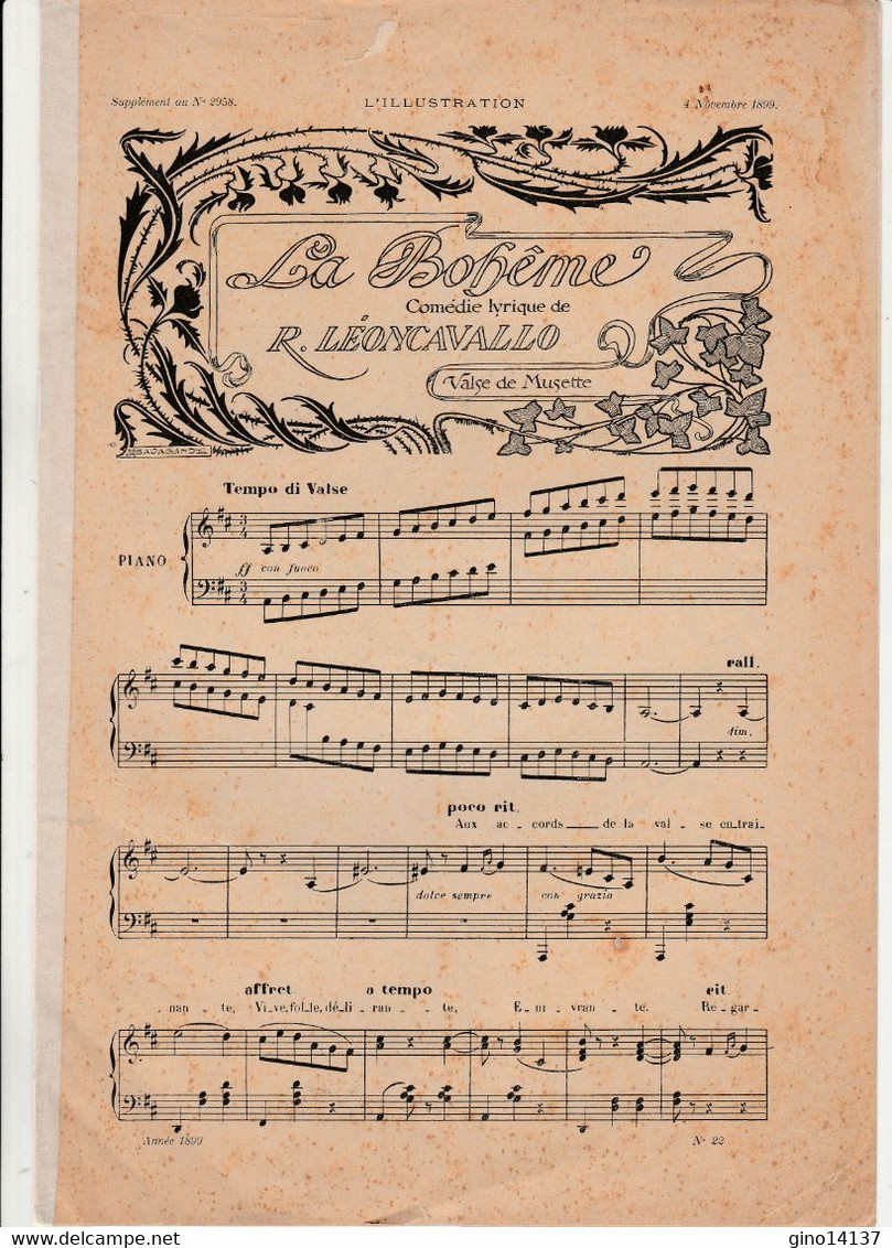 Spartito LA BOHEME Comedie Lyrique De R. LEONCAVALLO - Valse De Musette - 1899 - Opera