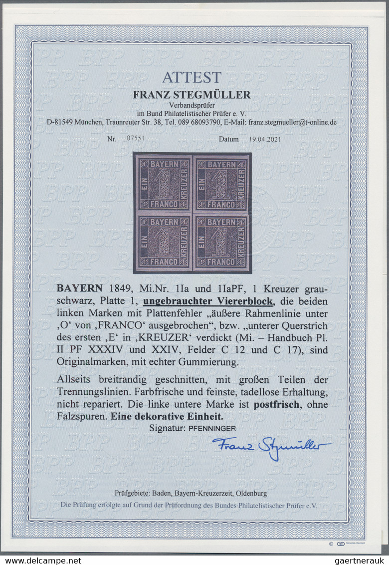 Bayern - Marken Und Briefe: 1849, 1 Kreuzer Grauschwarz, Platte 1, Ungebrauchter Viererblock, Die Be - Otros & Sin Clasificación