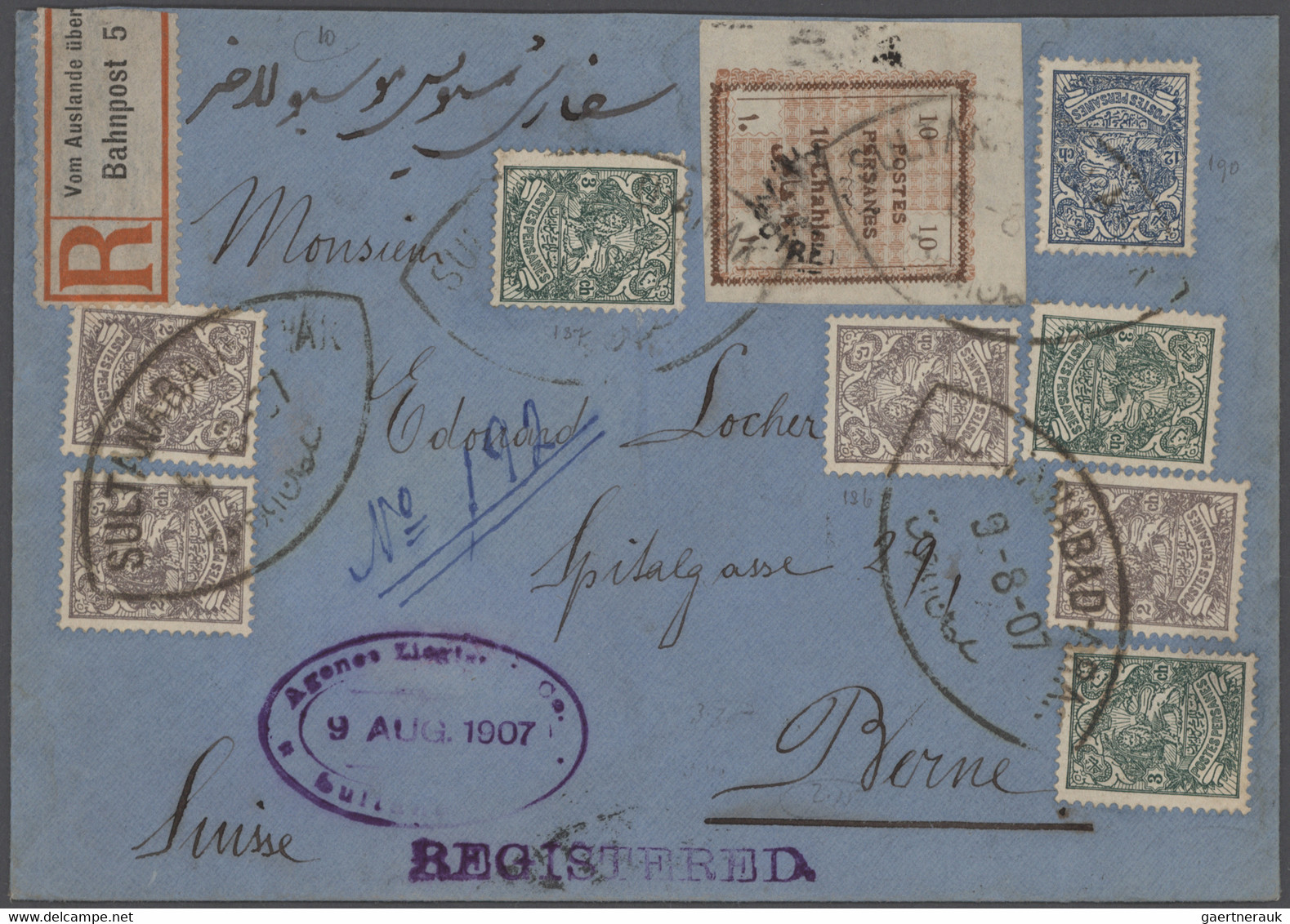 Iran: 1906/07, Registered Cover With 39 Ch. Frank Tied Oval "SULTANABAD 9-8-07" To Berne/Switzerland - Iran