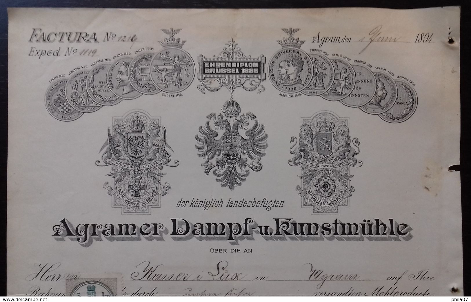 Agramer Steam Mill - Factura - 1894 - Agramer Dampf-u. Kunstmuhle - Otros & Sin Clasificación