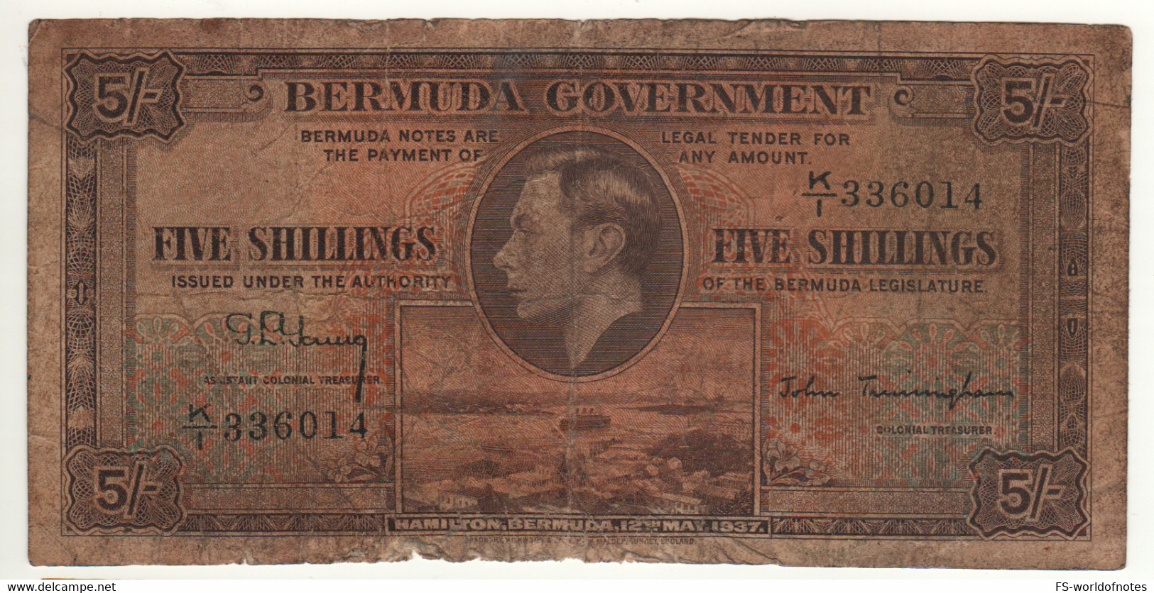 BERMUDA   5  Shillings      P8b      King Geroge VI - Hamilton Harbour    Dated 12th  May 1937 - Bermudes