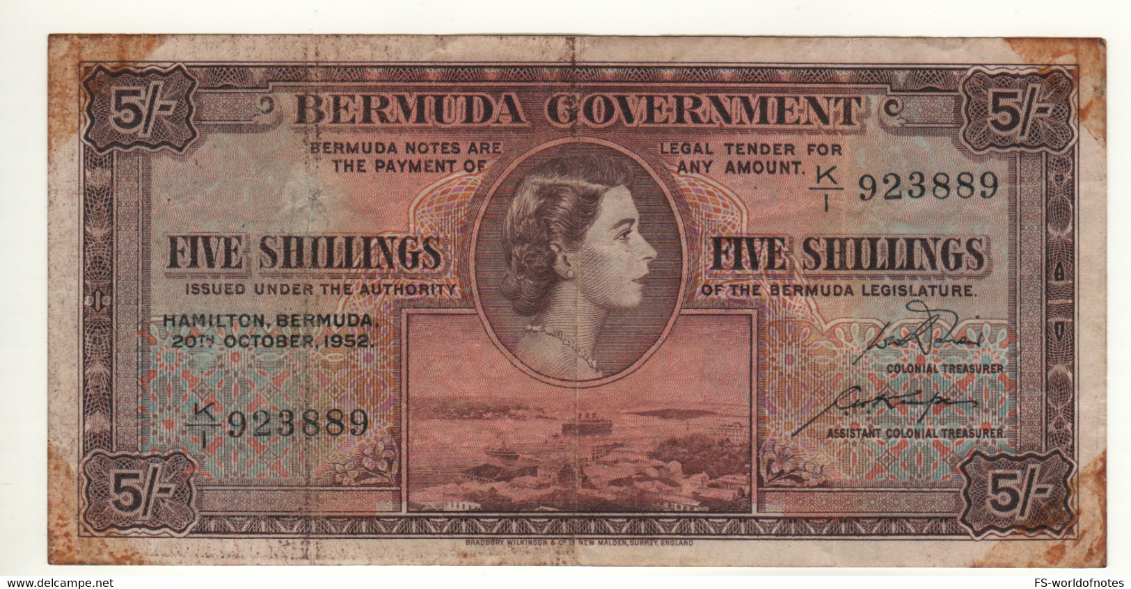 BERMUDA   5  Shillings      P18a      Queen Elizabeth II - Hamilton Harbour    Dated 20th  October 1952 - Bermudas